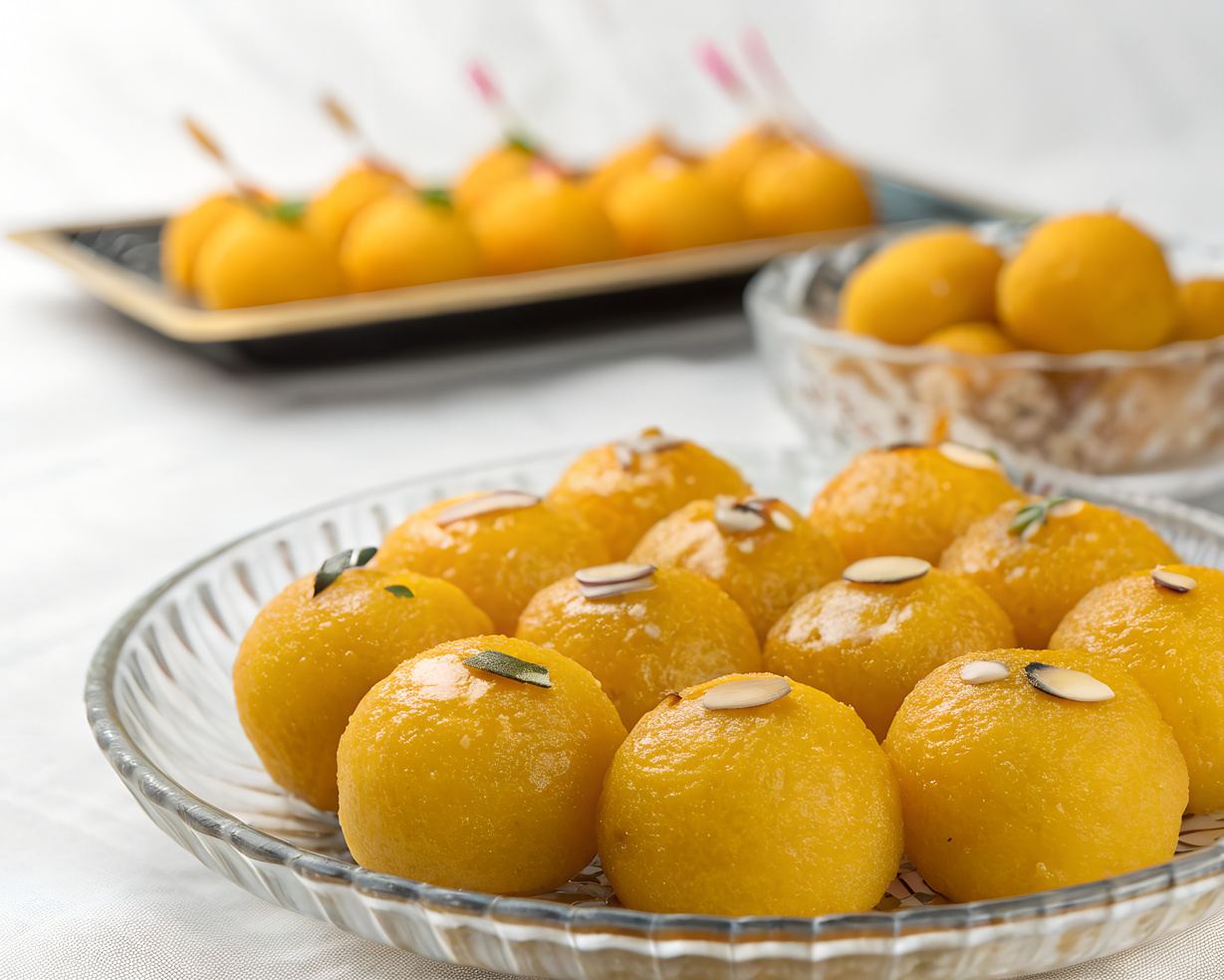 Plates of motichoor laddoo